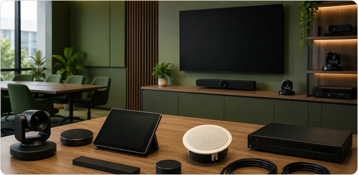 AV equipment arranged in a modern meeting room