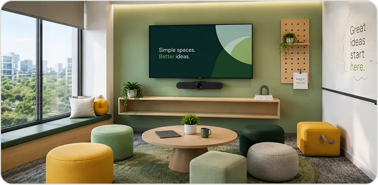 Huddle room designed for compact daily hybrid collaboration
