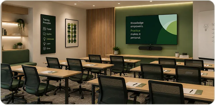 Training room configured for structured sessions and hybrid learning