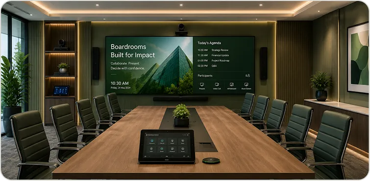 Executive boardroom equipped for high-visibility hybrid meetings