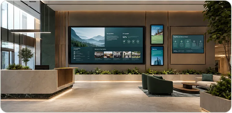 Digital lobby with high-impact displays for brand storytelling and updates