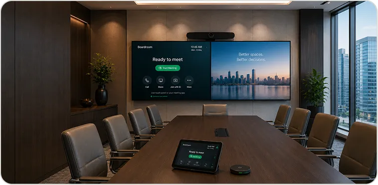 Executive boardroom with integrated conferencing displays and intuitive controls
