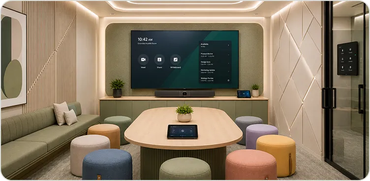 Extended huddle room with a large table and integrated AV system