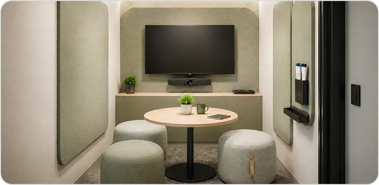 Focus huddle room with a compact table and collaboration display