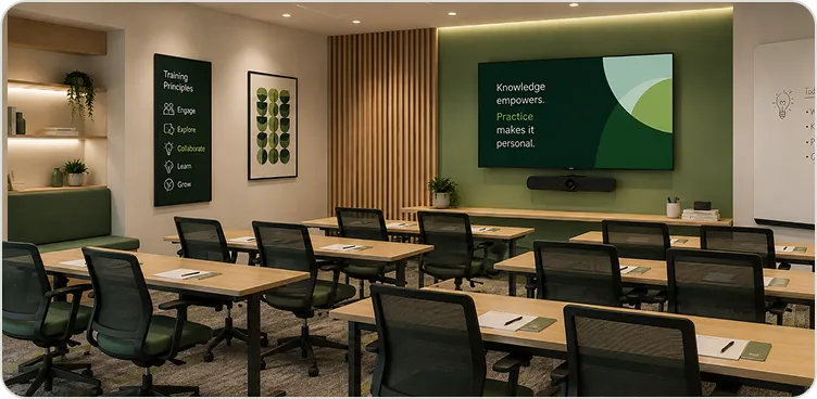 Training room with classroom seating and a presentation display