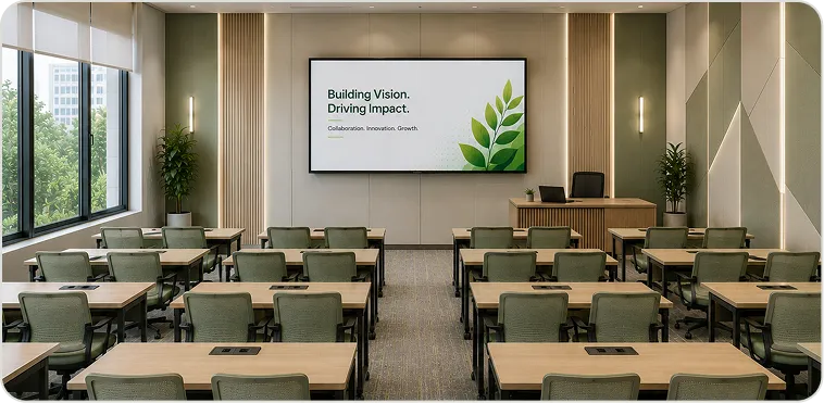Hybrid classroom with integrated video, audio and shared content displays