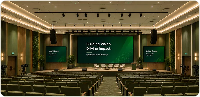 Hybrid event auditorium with multi-camera capture and live presentation