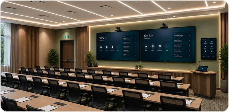 Large-format learning room with dual displays and classroom seating