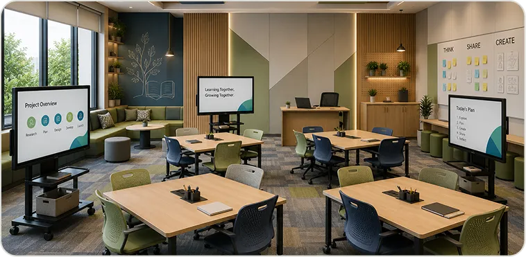 Learning lab with adaptable collaboration zones and content-sharing displays