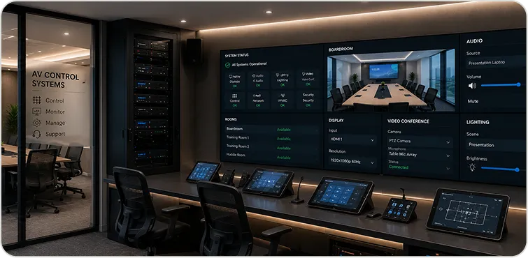 Lobby AV control system for display zones and environmental workflows