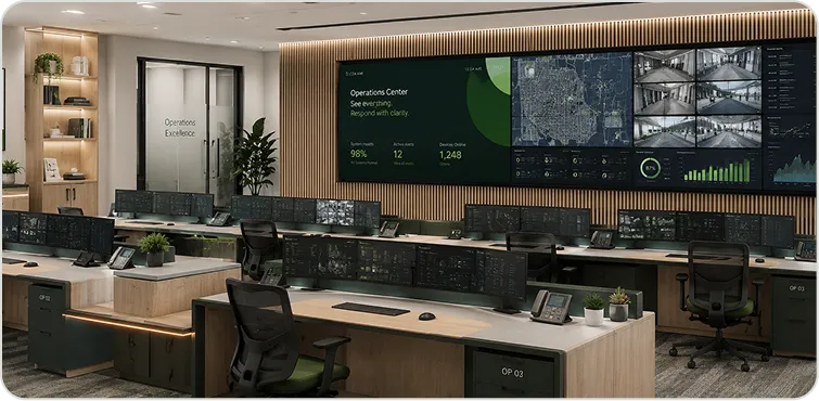 Control room with operational displays for high-priority environments