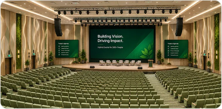 Multi-purpose auditorium with a large stage, display and tiered seating