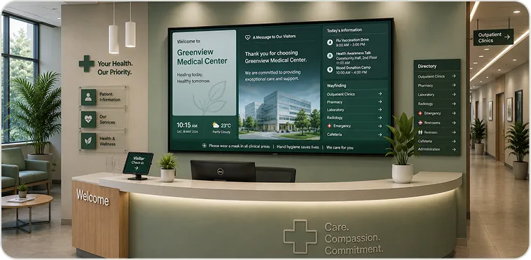 Reception desk with a visitor information and welcome display