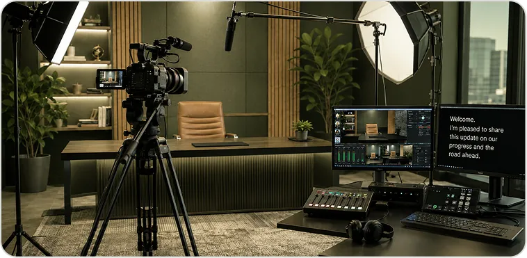 Corporate recording studio with camera, lighting and presenter monitor