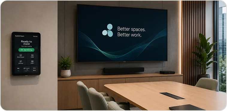 Single-room AV control interface for meetings, source sharing and room actions