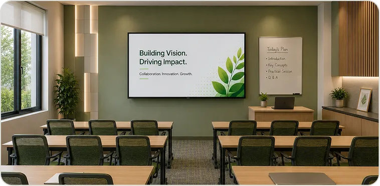 Small classroom with flexible seating and an instructor presentation display