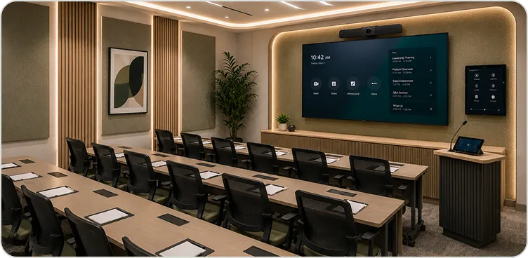 Small training room with classroom seating and an integrated AV display