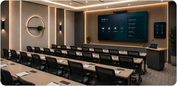Standard training room with tiered tables and a collaboration display