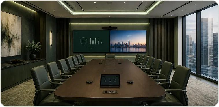 Strategic boardroom with hybrid meeting cameras and presentation displays