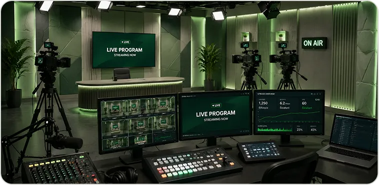 Live streaming studio with multiple cameras and producer controls