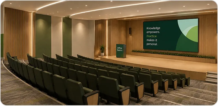 Auditorium configured for large-format presentations and live broadcasts