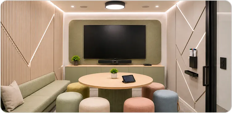 Team huddle room with a round table, stools and collaboration display