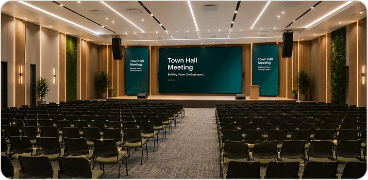 Corporate town hall auditorium with stage presentation and audience seating