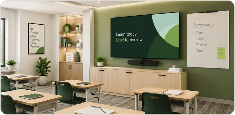 Classroom with individual desks, a learning display and whiteboard