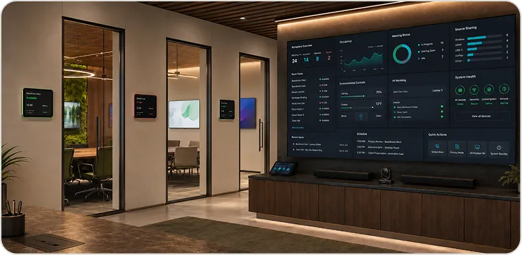 Workplace control system integrating AV, room states and operational workflows