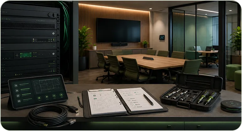 Service-ready AV meeting room and maintenance equipment