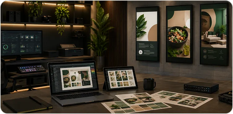 Content production workspace with professional AV equipment