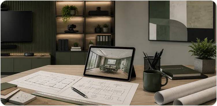 AV system plans and room schematics on a consultancy desk