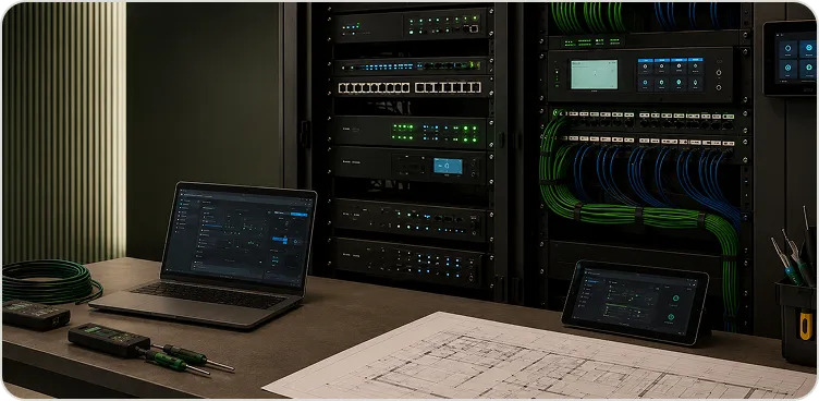 AV technician servicing equipment in a technical rack
