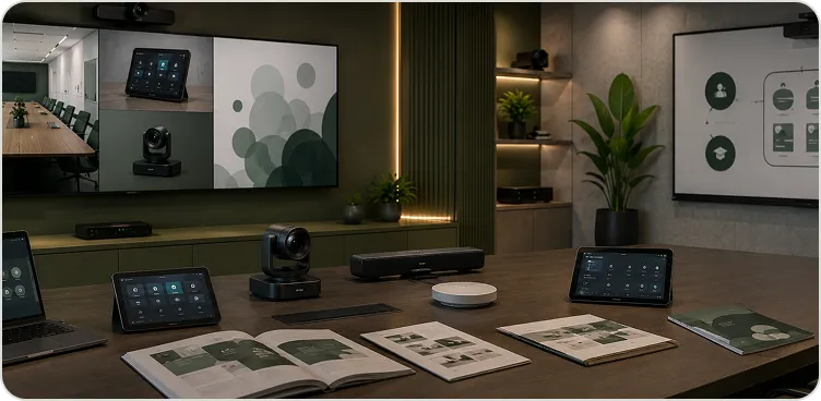 AV specialist helping users operate a meeting room system