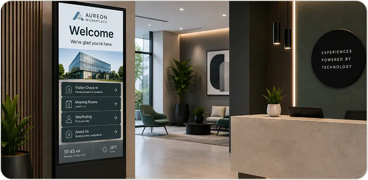 Arrival signage displaying welcome, wayfinding and brand information