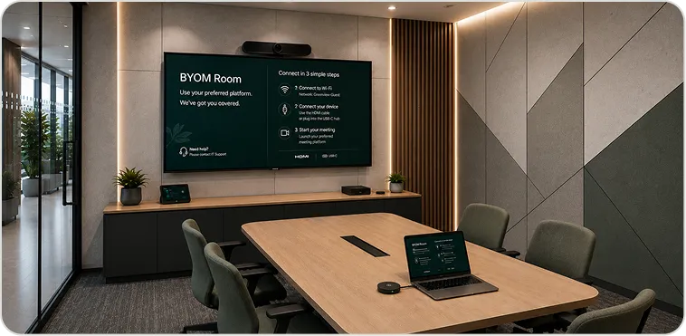 BYOM conferencing room for adaptable collaboration and guest meetings