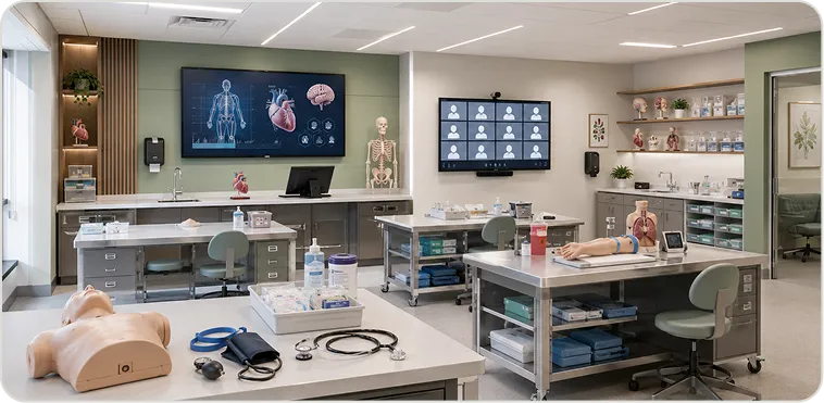 Clinical education room with instructor display and hybrid learning equipment