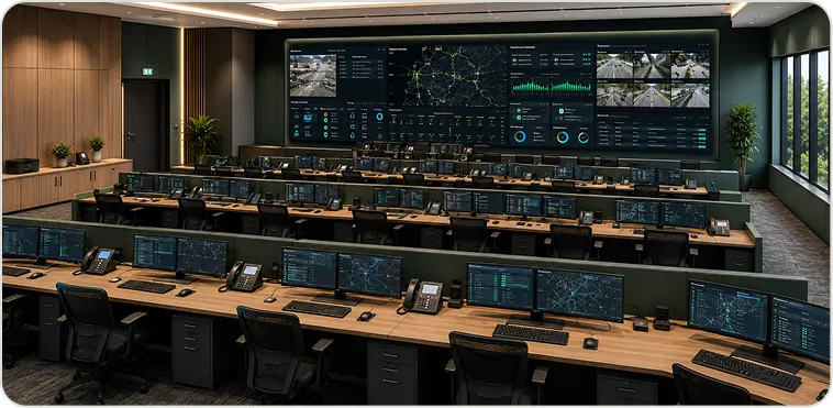 Command centre with multi-display coverage and coordinated operator stations