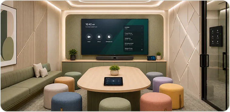Healthcare coordination room with shared operational displays