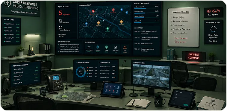 Crisis response room with incident displays and executive collaboration seating