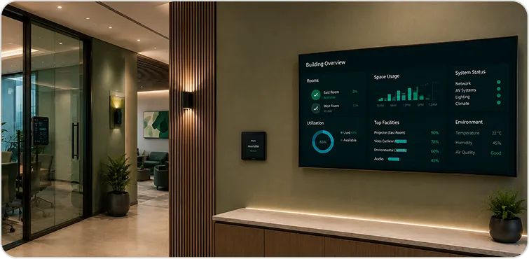 AV control system connecting digital display zones and workplace systems