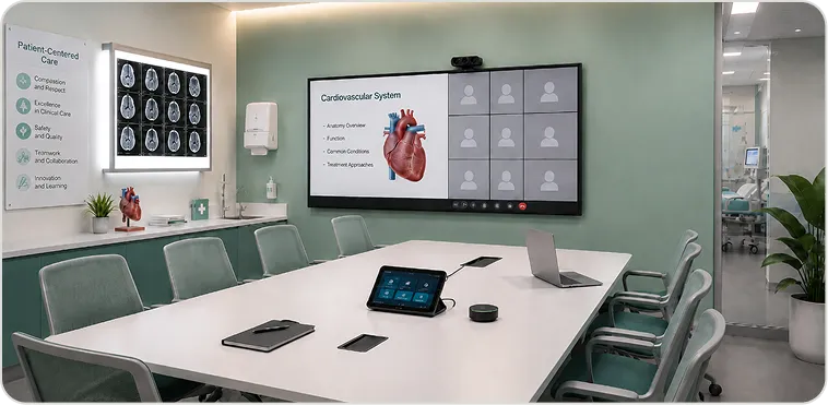 Healthcare workplace meeting room with conferencing and content sharing