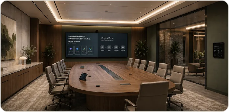 Interoperable conferencing room with native and fallback meeting workflows