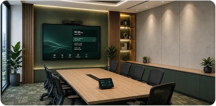 Native conferencing room with a consistent Teams, Zoom or Webex workflow