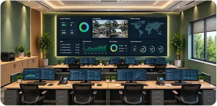 Operations control room with shared displays and operator workstations