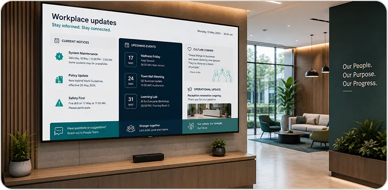 Workplace display showing current notices, events and company updates